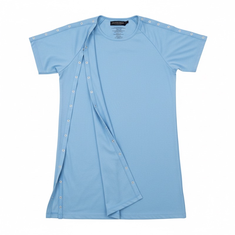 Adaptive open-back recovery shirt with snap closures for elderly post-surgery
