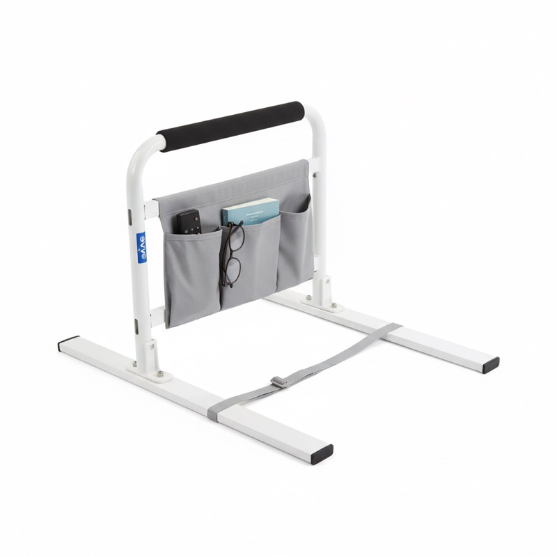 Vive bed rail for seniors with organizer pouch on white background