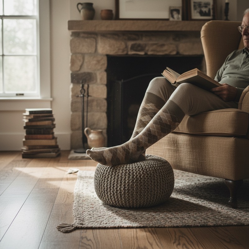 Senior man relaxing in armchair with compression socks, cozy living room, soft natural light