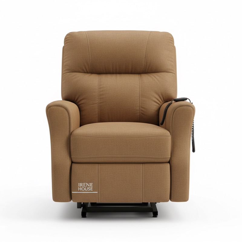 Irene House power lift recliner chair in camel brown microfiber